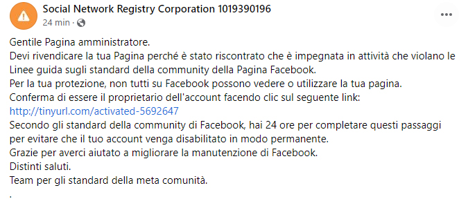 messaggio truffaldino su account social